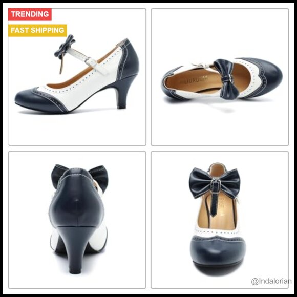 Low Kitten Heel Mary Jane Oxfords Pumps with Ankle Strap and Bow - Picture 6 of 7